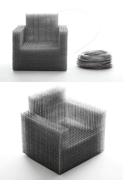 Kouichi Okamoto's Aluminum Wire Composition Chair Chain Fence, Aluminium Furniture, Aluminium Chair, Innovative Materials, Wire Chair, Calendar Of Events, Aluminum Chairs, Public Seating, Loft Interiors