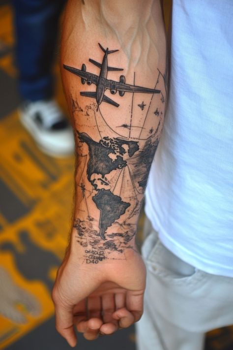 Person with a tattoo of a world map and airplane on their forearm. Travel Tattoo Ideas For Women, World Travel Tattoos, Wanderlust Tattoos, Travel Tattoo Ideas, Compass Tattoos, Tattoo Pics, Travel Tattoos, World Map Design, Map Tattoos