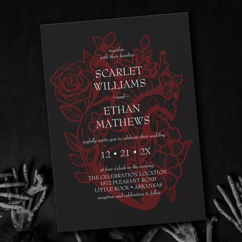 Gothic Elegant Red & Black Floral Heart Wedding In Invitation Elegant Halloween Wedding Invitations, Black And Red Christmas Wedding, Black And Red Wedding Invites, Black And Red Gothic Wedding Theme, Red And Black Gothic Wedding, Black And Red Wedding Theme Decor, Red And Black Wedding Aesthetic, Red And Black Theme Wedding, Black And Wine Red Wedding