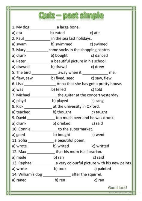 Here's a fun English ESL worksheet to practice the past simple tense for ESL students. Simple Past Tense Worksheet, English Past Tense, Past Simple Tense, Past Tense Worksheet, English Grammar Test, English Grammar Quiz, English Grammar Exercises, English Quiz, Simple Past Tense