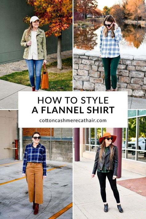 How to Style a Flannel Shirt | Flannel Shirt Outfit Ideas for Women | Cotton Cashmere Cat Hair Styling A Flannel Shirt, Womens Flannel Outfit, How To Style A Flannel Shirt, Flannel Shirt Outfit Women, How To Style A Flannel, Styling A Flannel, Olive Green Jeans, Flannel Shirt Outfit, Blue Flannel Shirt