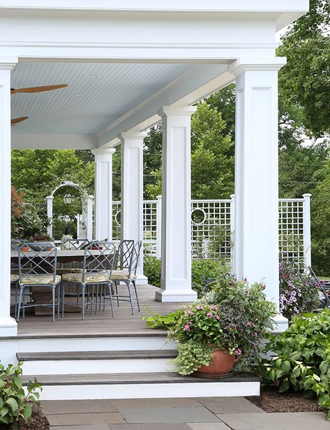 Square tapered columns match the existing stately main columns at the front entrance complete with Tuscan caps and bases. Front Porch Pillars, Pillars Design, Porch Pillars, House Columns, Front Porch Columns, Outdoor Columns, Exterior Columns, Traditional Porch, An Open Window