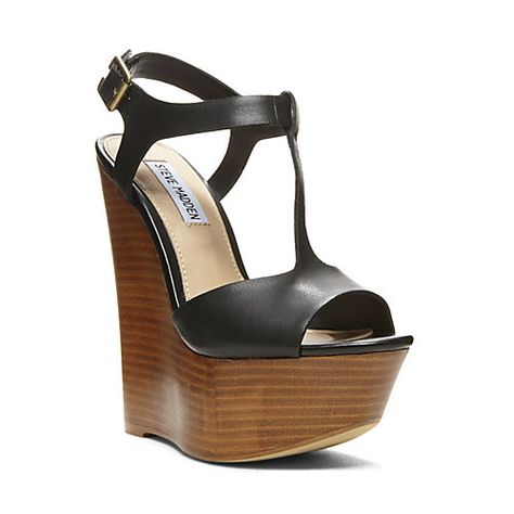 CHAYSER BLACK LEATHER women's sandal high wedge - Steve Madden Steve Madden Wedges, Wedge Heel Boots, High Wedges, Black Leather Sandals, Leather Sandals Women, Cute Sandals, Fabulous Shoes, Fashion High Heels, Shoe Closet