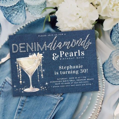 Create your own Invitation | Zazzle Lace And Pearls Party Theme, Denim And Lace Party Ideas, Denim Pearls And Diamonds Party Themes, Denim Diamond And Pearls Party, Designer Party Ideas, Jeans And Diamonds Theme, Denim And Diamonds Wedding, Denim Party Invitation, Demin And Diamonds Theme Party