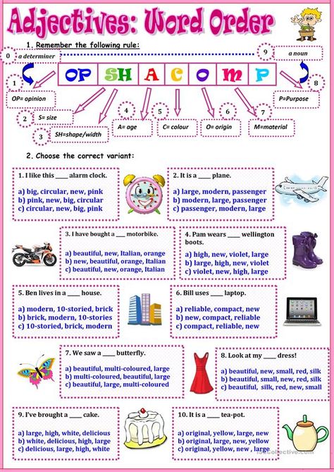 Adjectives: Word Order - English ESL Worksheets for distance learning and physical classrooms Order Of Adjectives Worksheet, Adjective Order, Order Of Adjectives, Adjective Words, English Adjectives, Adjective Worksheet, Describing Words, Word Order, English Worksheet