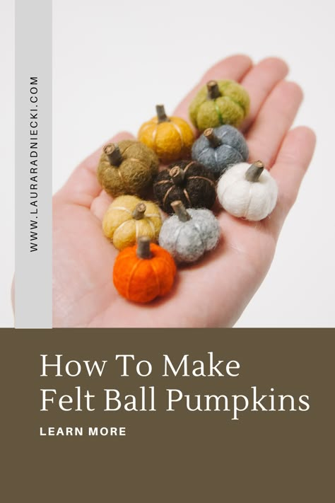 Learn how to make mini felt ball pumpkins for your DIY Fall decor this year. Easy to make, a great fall kids craft idea, and so cute! Mini Felt Pumpkins Diy, Wool Balls Crafts, Yarn Decorations Diy, Felt Fall Decorations, Cute Halloween Fall Decor, Felted Acorns How To Make, Waldorf Wool Crafts, New Fall Crafts 2023, Mini Fabric Pumpkins Diy