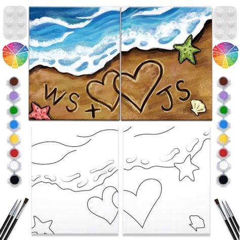 VALLSIP 2 Pack Paint and Sip Canvas Painting Kit Pre Drawn Canvas for Painting for adults Stretched Canvas Couples Games Date Night Beach Vows Anniversary Gifts Paint Party Supplies Favor(8x10) Anniversary Canvas Painting, At Home Paint Night Ideas Couples, Sip And Paint Date Night At Home, Paint Your Partner Date Night, Couples Paint Night, Paint Canvas Date Night, Date Night Painting, Pre Drawn Canvas For Painting, Wine Paint Party