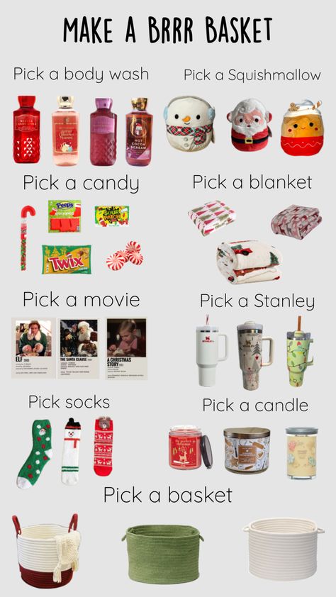 Make a Christmas Brrr Basket!!! Vanilla Gift Basket Ideas, Teen Brr Basket, Brr Basket Boys, Grinch Burr Basket, Cute Gift Ideas For Parents, What To Put In A Christmas Gift Basket, Christmas Baskets For Sister, Christmas Boo Basket Ideas, Christmas Basket Ideas For Best Friend