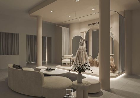 Luxury Bridal Suite, Bridal Salon Interior, Wedding Store Interior Design, The Ivory Room Bridal, Bridal Studio Interior, Bridal Shop Interior Design, Fitting Room Aesthetic, Modern Boutique Interior, Bride Dressing Room