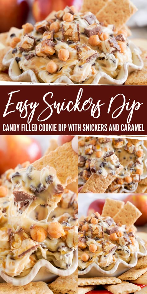 Easy Snickers Dip! Candy Filled Cream Cheese Cookie Dip loaded with Snickers and Caramel! The Best No Bake Caramel Apple Dip Recipe with Snickers - perfect for parties and sharing with friends! #lemonpeony #snickers #caramel #snickers #cookiedip Twix Dip Recipe, Snickers Dip Recipe, Snickers Apple Dip, Snickers Dessert Recipes, Cookie Dip Recipes, Snickers Dip, Caramel Apple Dip Recipe, Apple Dip Recipe, Cream Cheese Cookie