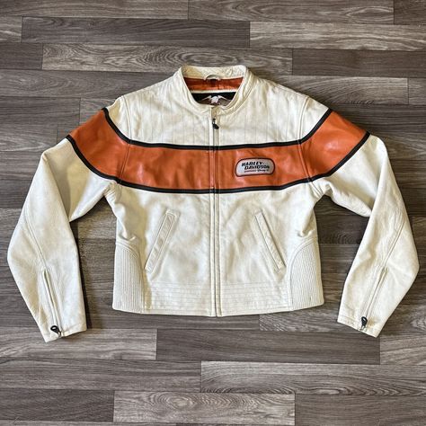 Harley Davidson Leather Riding Jacket Womens Large White Orange Biker Bomber Leather Riding Jacket, Harley Davidson Jacket, Riding Jacket, Harley Davidson Women, Other Woman, Large White, Outerwear Women, Harley Davidson, Jackets For Women