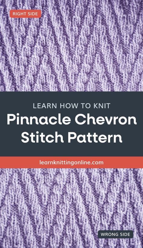 Looking for a reversible knit stitch pattern? Try this easy Pinnacle Chevron Stitch Pattern that will add stylish texture to your knitting project. Perfect for knitted baby blankets, scarves, or cowls, this fun yet simple knit stitch pattern is ideal for beginners since it only required knit and purl stitches. | Discover more free knit stitch patterns at learnknittingonline.com #knittingforbeginners #knitstitchpatternideas Chevron Knitting Pattern Free, Reversible Knitting Stitches Patterns, Knit Chevron Scarf Free Pattern, Chevron Scarf Knit Pattern, Chevron Lace Knit Stitch, Knit Stitch Patterns Texture, Sheep Knitting Pattern, Knit Purl Stitches, Knitted Washcloth Patterns