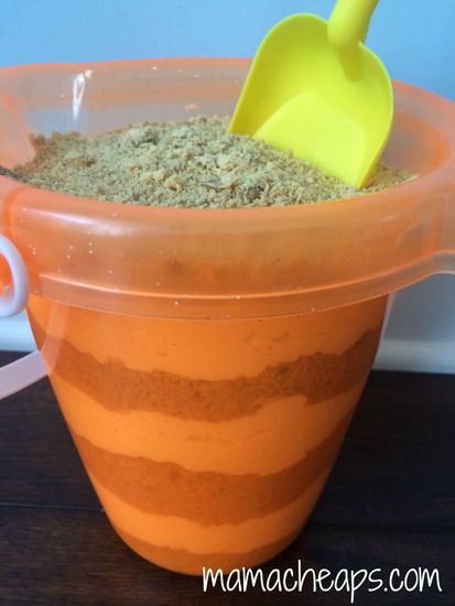 summer sand cake bucket shovel recipe b Sand Cake In Bucket, Sand Cake Recipe, Beach Desserts For Kids, Sand Pudding Dessert, Sand Bucket Cake, Summer Treats For Kids, Cream Cheese And Cool Whip, Sand Pudding, Bucket Cake