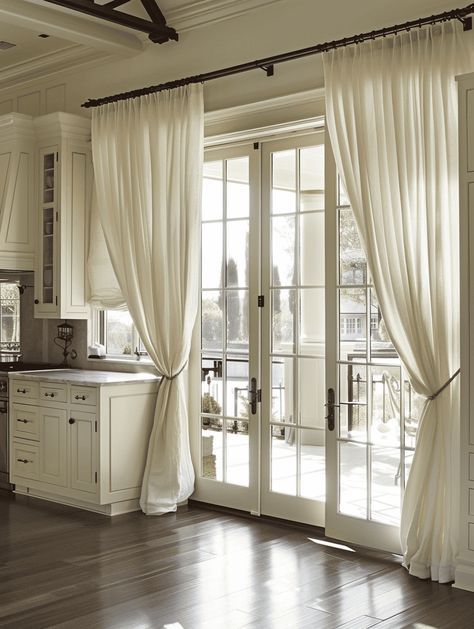 Should French Doors Have Curtains [And How To Install Them]? Curtains French Doors Kitchen, Dressing French Doors, Farmhouse French Doors Curtains, Curtains On Doors With Windows, French Doors Patio Farmhouse, Bedroom French Door Curtain Ideas, French Doors Kitchen To Patio, Bedroom With French Doors To Patio, Window Treatments For Patio Doors