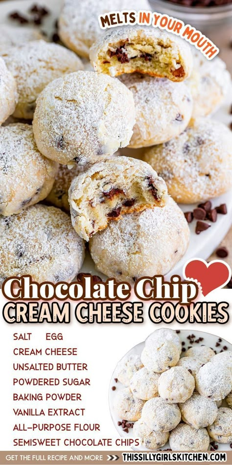 Cookies Made With Cream Cheese, Chocolate Chip Cream Cheese, Cream Cheese Cookie, Cheese Cookies Recipe, Chocolate Chip Recipe, Cream Cheese Cookie Recipe, Chip Recipe, Cheese And Chocolate, Soft Cookies