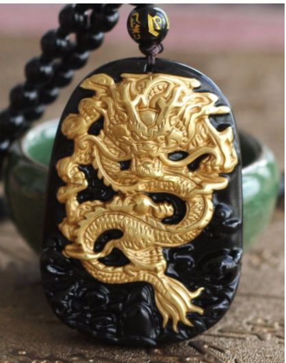 Imperial Dragon Amulet Obsidian Dragon, Tibetan Necklace, Black Obsidian Stone, Yellow Dragon, Golden Dragon, Obsidian Stone, Gold Dragon, Dragon Necklace, Dragon Jewelry