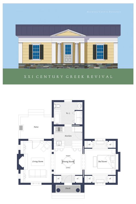 Small Greek Revival House Plans, Greek Revival Home Plans, Greek Revival Interior Design, Greek Revival Cottage, Martha Jefferson, Greek Revival House Plans, Colonial Floor Plan, Honeymoon Cottage, Greek Revival Architecture