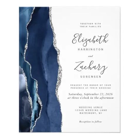 Invite family and friends to your wedding without breaking the bank with these ultra-low-budget paper wedding invitation flyers. The left-hand edge of this elegant modern wedding invitation features a navy blue watercolor agate border trimmed with faux silver glitter. The customizable text combines handwriting, copperplate and italic fonts in charcoal gray on a white background. The reverse side features a matching navy blue and silver agate design. Marble Invitation, Wedding Flyers, Silver Invitation, Agate Wedding, Elegant Modern Wedding, Afternoon Wedding, Blue Invitation, Invitation Flyer, Navy Wedding Invitations