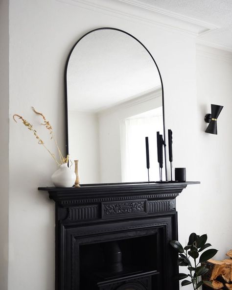 Mantlepiece Mirror, Mirror Over Fireplace, Mirror Above Fireplace, Black Arch Mirror, Edwardian Fireplace, Wood Mirrors, Mantle Mirror, Cozy Living Room Design, Victorian Fireplace