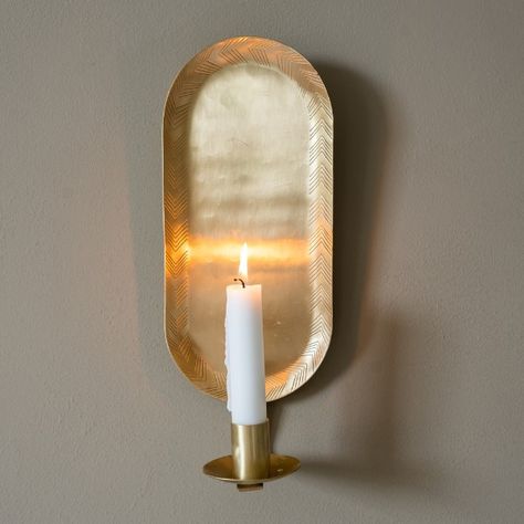 A gorgeous brass wall sconce. Easy to fit with a picture hook, a beautiful warm glow of light since the back plate is has a hammered finish. Candles On Wall, Candle On Wall, Wall Candle Holders Ideas, Candle Sconces Living Room Wall Decor, Wall Candle Sconces, Sconces Fireplace, Wall Candle Holder, Wall Mounted Candle Holders, Candle Holders Wall Decor