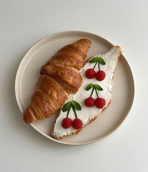 Crossiant Aesthetic, Cute Breakfast Aesthetic, Cute Croissant, Cherry Food, Rose Food, Whipped Ricotta, Spring Brunch, Weird Food, Food Pairings