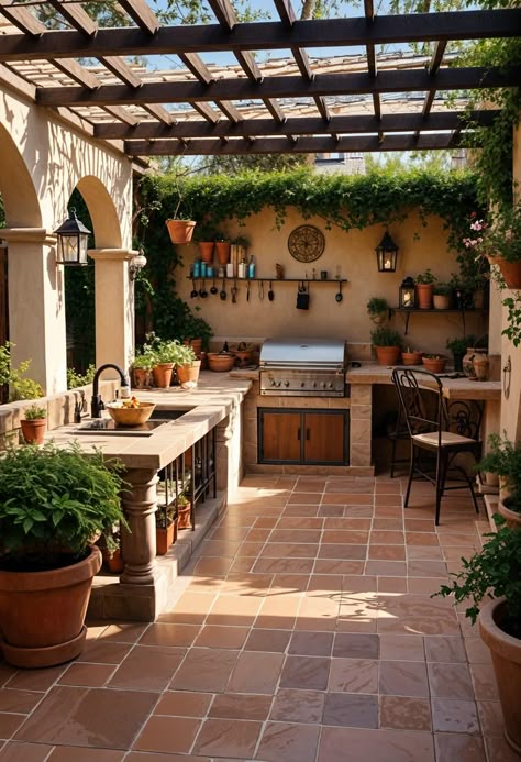 21 Stunning Outdoor Kitchen Patio Ideas (New) Hacienda Style Backyard Patio, Enclosed Patio Kitchen, Outdoor Kitchen Design Mediterranean, Interior Patio Design, Outside Kitchens Ideas, Outdoor Kitchen Italy, Outdoor Mediterranean Kitchen, Outdoor Kitchen Spanish Style, Mexico House Ideas Interiors