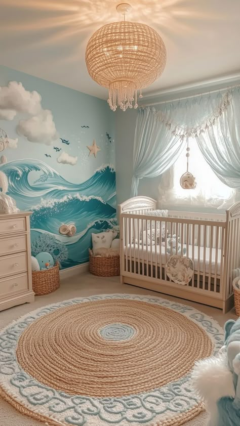 Coastal-inspired nursery with ocean mural, woven pendant light, and sea-themed decor in soothing blue and beige tones. Chic Nursery Ideas, Ocean Baby Rooms, Sea Nursery Theme, Gender Neutral Nursery Colors, Ocean Themed Bedroom, Neutral Nurseries, Ocean Themed Nursery, Boy Nursery Themes