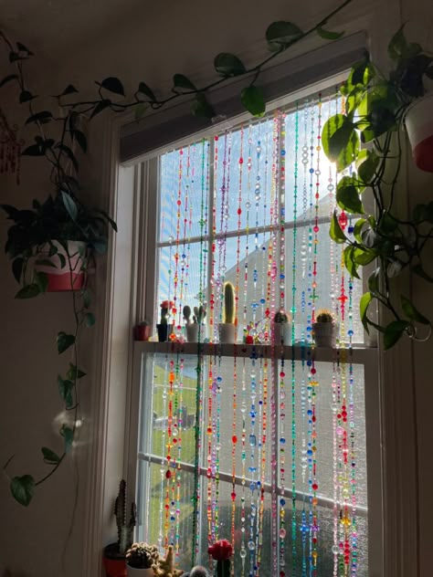 Beaded Curtain Bedroom, Eclectic Window Decor, Beads On Windows, Beads In Window, Window Aesthetic Decor, Small Window Room Decor, Bead Curtain Aesthetic, Window Beads Diy, Dorm Window Ideas