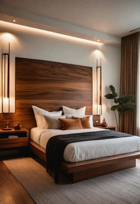 41 Mid Century Modern Bedrooms: Retro Chic for Timeless Elegance 42 Backdrop For Bedroom, Wooden Interior Design Bedroom, Bedroom Decor With Wooden Bed, Modern Primary Bedroom Ideas, Masculine Mid Century Modern Bedroom, Hotel Like Bedroom, Bedroom Ideas Wooden Bed, Wooden Modern Bedroom, Mcm Bedroom Ideas