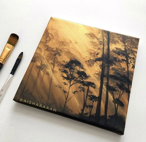 Golden Forest Painting, Gold Sun Painting, Easy Forest Painting, Forest Painting Acrylic Easy, Painting Ideas Christmas, Glowing Forest, Fog Painting, Canvas Christmas Painting Ideas, Christmas Canvas Painting