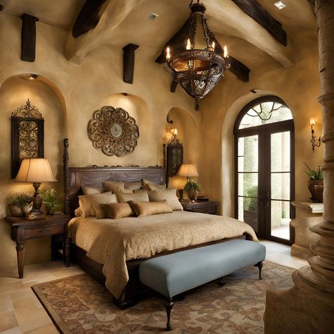 Siestas and sunshine! This dreamy bedroom transports you to the Mediterranean coast. Warm colors, textured rugs, and wrought iron accents create a relaxing retreat. What are your favorite elements of Mediterranean style? Let us know in the comments! Bedroom Ideas Italian Style, Spanish Style Master Suite, Mediterranean Decor Bedroom Master Suite Spanish Style, Mediterranean Style Bedroom Master Suite, Mediterranean Master Bedrooms Decor, Modern Tuscan Bedroom, Spanish Mediterranean Bedroom, Italian Bedroom Decor, Mediterranean Interior Design Bedroom