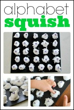 Alphabet Squish. I love this idea! Sensory activity that can be used not only for letter recognition but making the sound of the letter as they squish it. Another awesome idea from Jenae at I Can Teach My Child. High Scope, Fun Alphabet, Preschool Winter, Preschool Stem, Preschool Alphabet, Alphabet Recognition, Alphabet Learning, Abc Activities, Alphabet Games