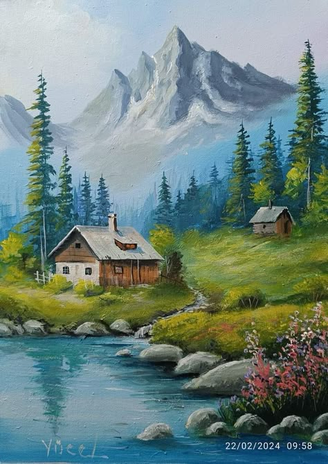 My River Drawing, Mountain Cabin Painting, Mountain Landscape Acrylic Painting, Beautiful Landscapes Paintings Acrylics, Landscape Paintings Simple, Acrylic Painting Mountains, Simple Landscape Paintings, Small Landscape Paintings, Beautiful Scenery Drawing