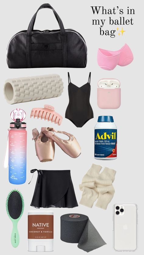 What’s in my ballet bag! Whats In My Dance Bag Ballet, Ballet Essentials Dance Bags, Ballerina Bag Essentials, What's In My Ballet Bag, Ballet Necessities, What To Keep In Your Dance Bag, Ballet Must Haves, Ballet Bag Aesthetic, Ballet Bag Essentials