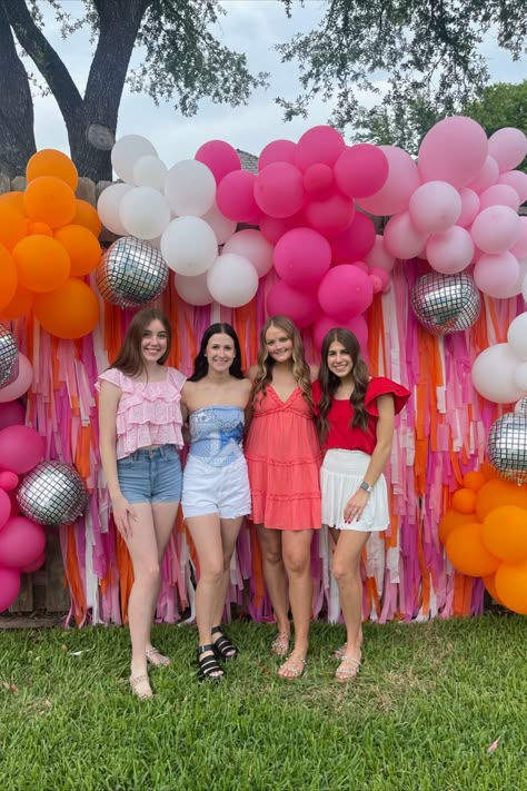 grad party inspo | high school graduation | party inspo | photo backdrop | disco party The Future Is Bright Graduation Party, Photo Drop Backgrounds, Pink Orange Gold Graduation Party, Graduation Dance Themes, Graduation Party Ideas Disco, Disco Themed Grad Party, Last Disco Graduation Party, Pink Disco Graduation Party, Pink Orange Grad Party