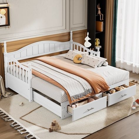 Twin Wooden Daybed with Trundle Bed & 2 Storage Drawers, Extendable Bed Sofa Bed with Guardrails, Solid Wood Slat Support - Bed Bath & Beyond - 40901171 Extendable Daybed, Wooden Daybed With Trundle, Platform Daybed, Twin Size Daybed, Wooden Daybed, Daybed With Drawers, Sofa Bed Frame, Daybed Design, Twin Daybed