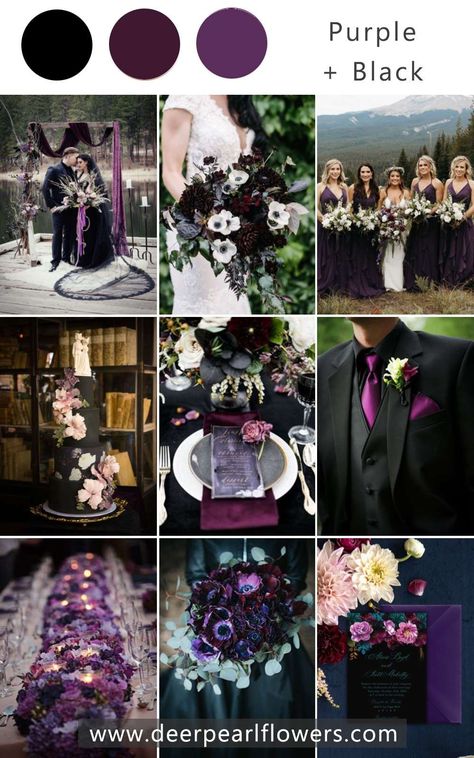 Dark Purple Wedding Theme, Wedding Colors Dark, Sage Green And Dusty Blue, Wedding Color Pallets, Fall Wedding Colors Purple, Wedding Color Schemes Purple, Purple Black Wedding, Deep Purple Wedding, Oct Wedding