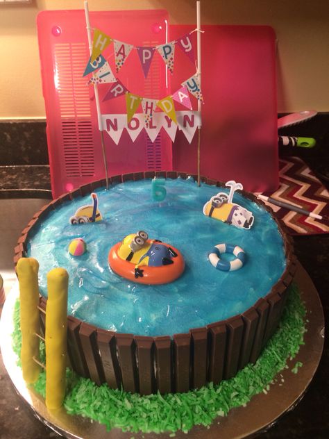 Minion Pool Cake Pool Cakes, Pool Birthday Cakes, Swimming Pool Cake, Pool Party Cake, Minion Cakes, Pool Party Cakes, Pool Cake, Pool Party Ideas, Minion Cake