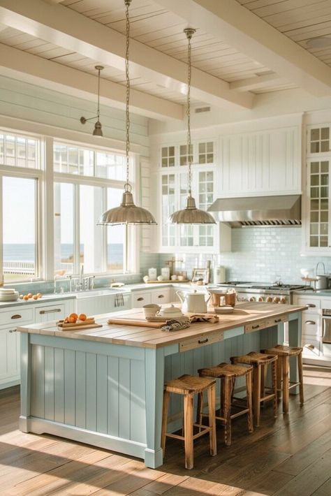 16 Dreamy Coastal Kitchen Designs Perfect for Seaside Living! - My Decor Inspo House Interior Beach Coastal, Coastal Interiors Design Kitchen, White Beachy Kitchen, Beach House Small Kitchen, California Beach House Kitchen, Beach Inspired Kitchen Coastal Style, Coastal Apartment Kitchen, Sea Kitchen Decor, Cottage Coastal Kitchen