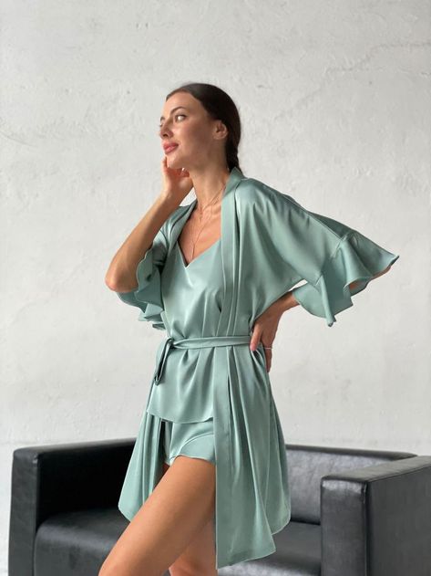 Pajamas set with ruffles, Silk pajamas set and robe, Silk shorts, Oversized top, sleepwear Summer Satin Home Sets, Elegant Summer Bedtime Robe, Chic Summer Sleep Robe, Silk Summer Sleepwear For Home, Elegant Wrap Sleepwear For Home, Summer Wrap Sleepwear For Home, Silk Pajamas Set, Pajamas Aesthetic, Robe Silk