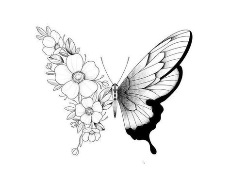 Tattoo Papillon, Butterfly With Flowers, Butterfly With Flowers Tattoo, Butterfly Tattoo Stencil, Tato Minimal, Flower Tattoo Drawings, Butterfly Tattoos For Women, Butterfly Tattoo Designs, Pola Sulam