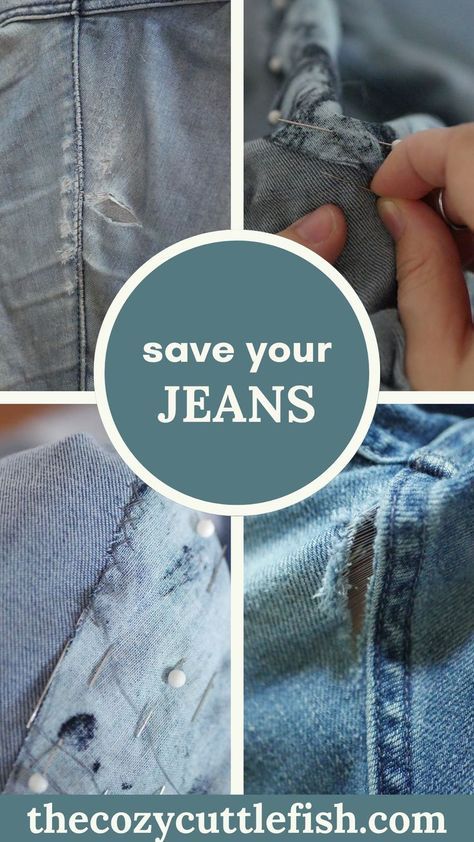 Mending jeans doesn’t have to be a chore with these fast and easy hand-sewing techniques to repair holes, tears, and wear. Mend Jeans Holes, Mending Jeans By Hand, Cross Stitch On Jeans, Jeans Patches Diy, Jeans Mending, Visible Mending Jeans, Jean Mending, Repairing Clothes, Mending Jeans