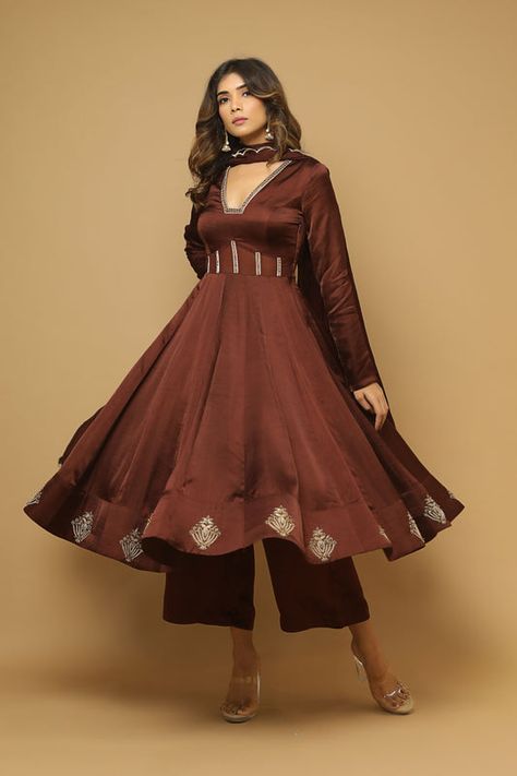 Brown Anarkali, Satin Suit, Anarkali Kurta, Suit Set, Anarkali, Satin, Embroidery