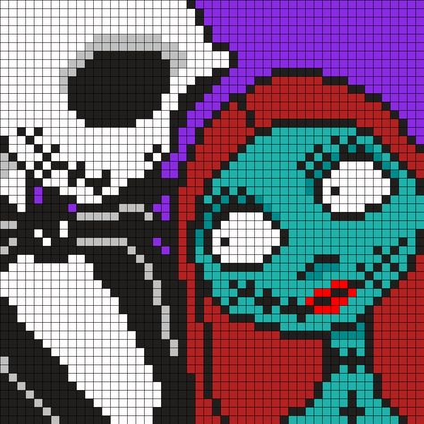 Jack And Sally From Nightmare Before Christmas Square Perler Bead Pattern / Bead Sprite Pixel Art Noel, Pixel Art Halloween, Christmas Perler Beads, Graph Crochet, Pixel Crochet, Kandi Patterns, Pixel Art Grid, Halloween Cross Stitches, Pola Kristik