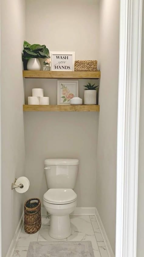 Water Closet Decor, Galley Laundry, Small Toilet Decor, Toilet Closet, Wc Decoration, Small Downstairs Toilet, Shelves Above Toilet, Building Shelves, Led Closet