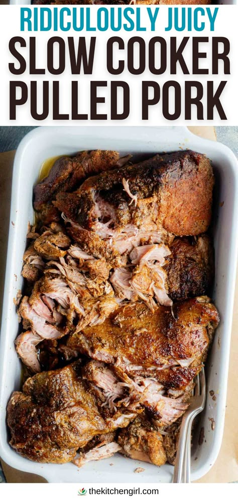 Image of juicy shredded pulled pork in white serving dish with two forks. title text: "ridiculously juicy slow cooker pulled pork" Baked Pulled Pork, Dutch Oven Pulled Pork, Easy Pulled Pork Slow Cooker, Pulled Pork Oven, Pulled Pork Recipe Slow Cooker, Easy Meal Planning, Pork Bbq, Pulled Pork Recipe, Slow Cooker Pulled Pork