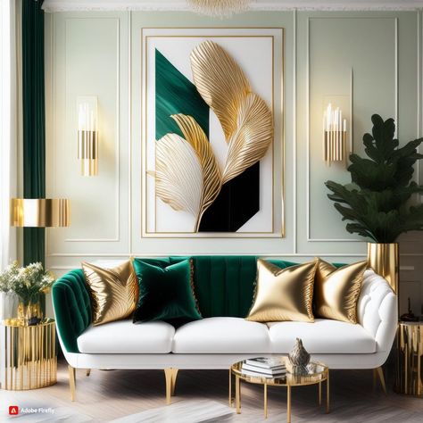 26 Gold, White, Black,And Emerald Green Living Room Decor Interior Design Emerald Green, Peacock Theme Living Room Ideas, Jade Living Room Color Scheme, Emerald Living Room Ideas, Green And Gold Couch, Gold Aesthetic Living Rooms, Emerald Green Apartment Aesthetic, Black Green And Gold Living Room, Emerald Green And Grey Living Room