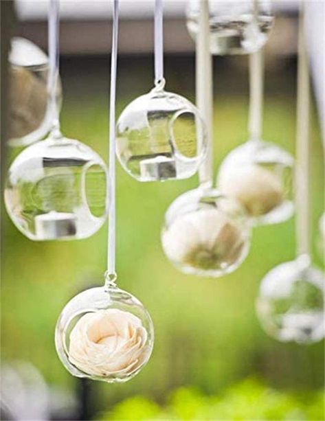 PRICES MAY VARY. This is such a great buy for these 24 Hanging Glass Globes, Glass Candle Holders or Plant Terrariums. Recommend LED white of yellow flameless tea lights, roses or other decorative items for a special elegant look. They are made of high boron silicon glass and the diameter of the globes are approximately 3.15" Each glass globe has two small openings on its top for better air circulation. Twine included to make these ready to hang. Diameter: 3.15 inches Height: 4 inches The openin Hanging Glass Planters, Unique Wedding Centerpieces, White Wedding Decorations, Flameless Tea Lights, Hanging Terrarium, Unique Tea, Glass Bauble, Deco Floral, Led Candles