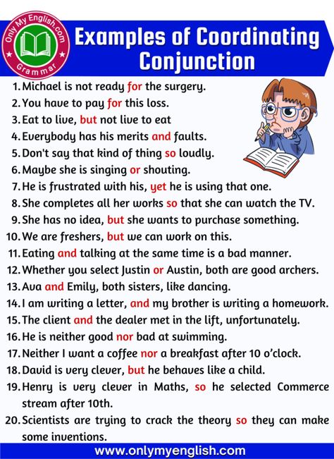 Examples of Coordinating Conjunction English Conversation For Kids, Conjunctions Worksheet, Grammar Sentences, Subordinating Conjunctions, Coordinating Conjunctions, Grammar Notes, English Grammar Exercises, Linking Words, Basic English Sentences