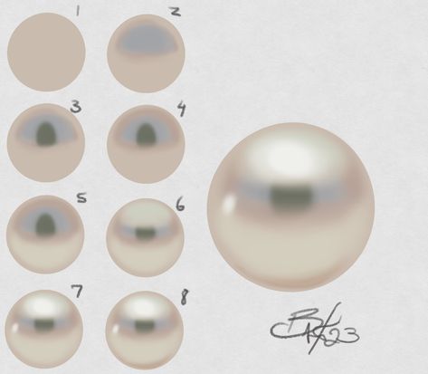 While not working on any client's pieces I try to keep learning and developing my skills. Here is a study on a pearl. I thought I would share the process from start to finish. Now I can use this pearl as an asset in new client sketches. By working in digital I can scale and keep a high quality rendering while saving time and deliver a quality jewellery rendering to my clients.  #brucetrickjewellery #customjewellery #jewellerydesign #pearl #lovetheprocess Pearl Reference Drawing, How To Draw A Jewel, Pearl Rendering Tutorial, Pearl Digital Art, Pearl Drawing Tutorial, Pearl Rendering, How To Draw Pearls, How To Draw Jewelry, Pearl Necklace Drawing